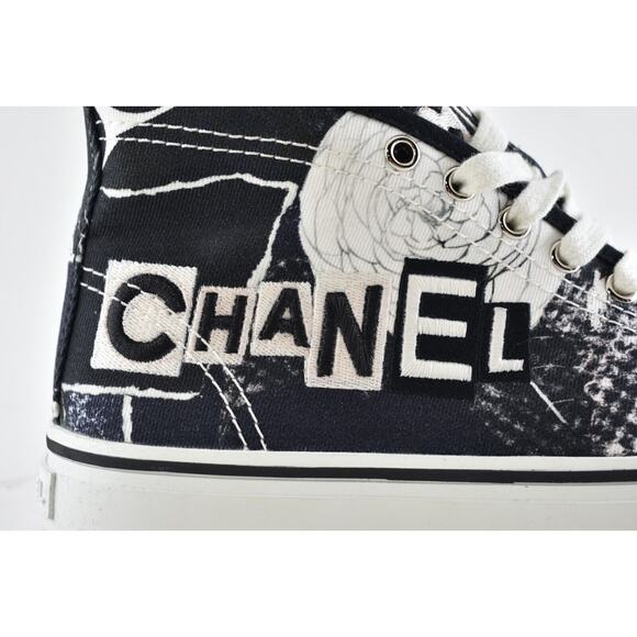 Chanel 20P Black White Fabric CC Logo Flat High Top Runner Trainer Sneaker 37 - Picture 2 of 10